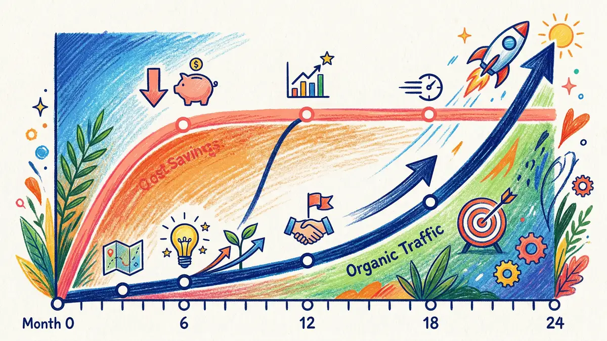 ROI timeline growth curve showing cost savings starting immediately and organic traffic growth compounding over 24 months