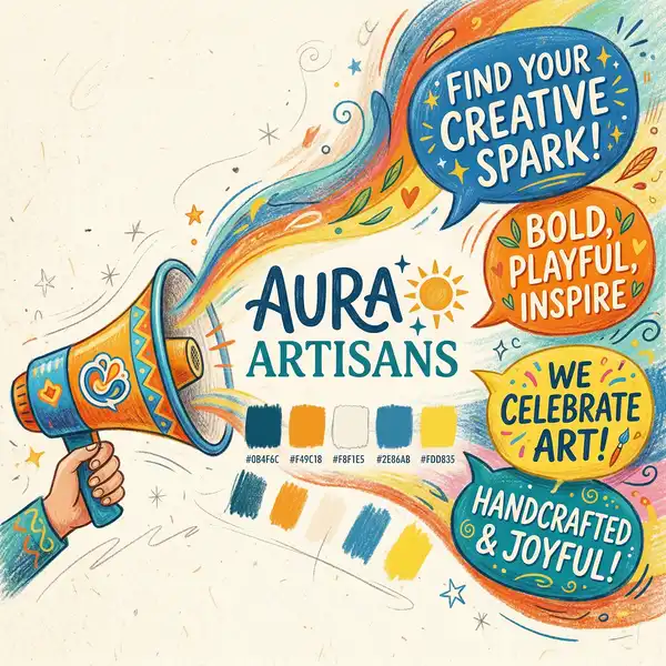 Brand voice consistency across AI copywriting tools shown as megaphone with brand identity elements