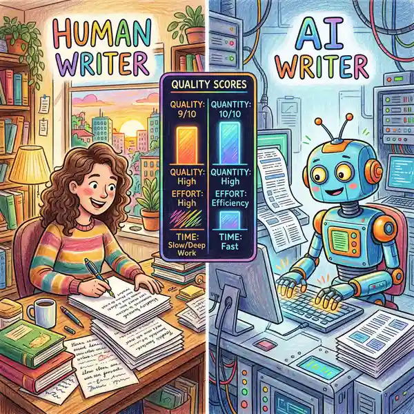 AI versus human copywriting performance comparison showing quality metrics and traffic data