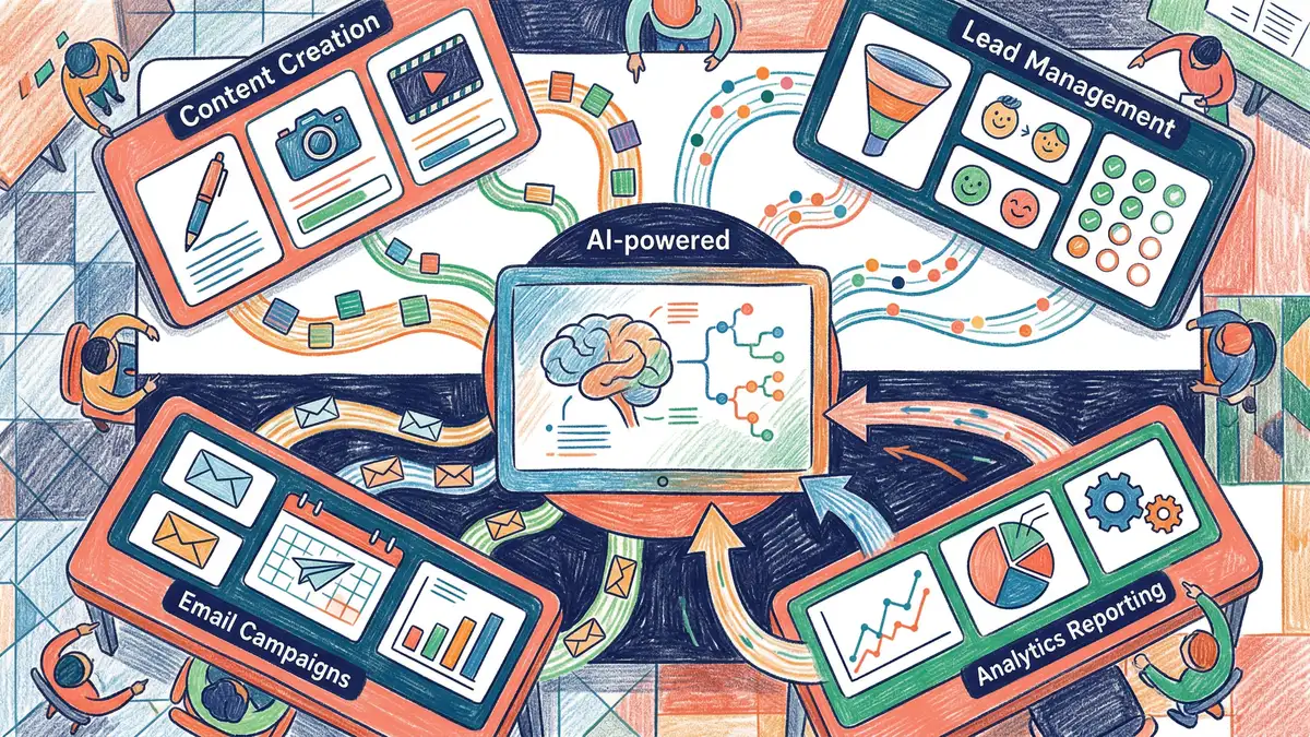 AI marketing automation dashboard showing unified workflows connecting content creation, lead scoring, email campaigns, and analytics reporting