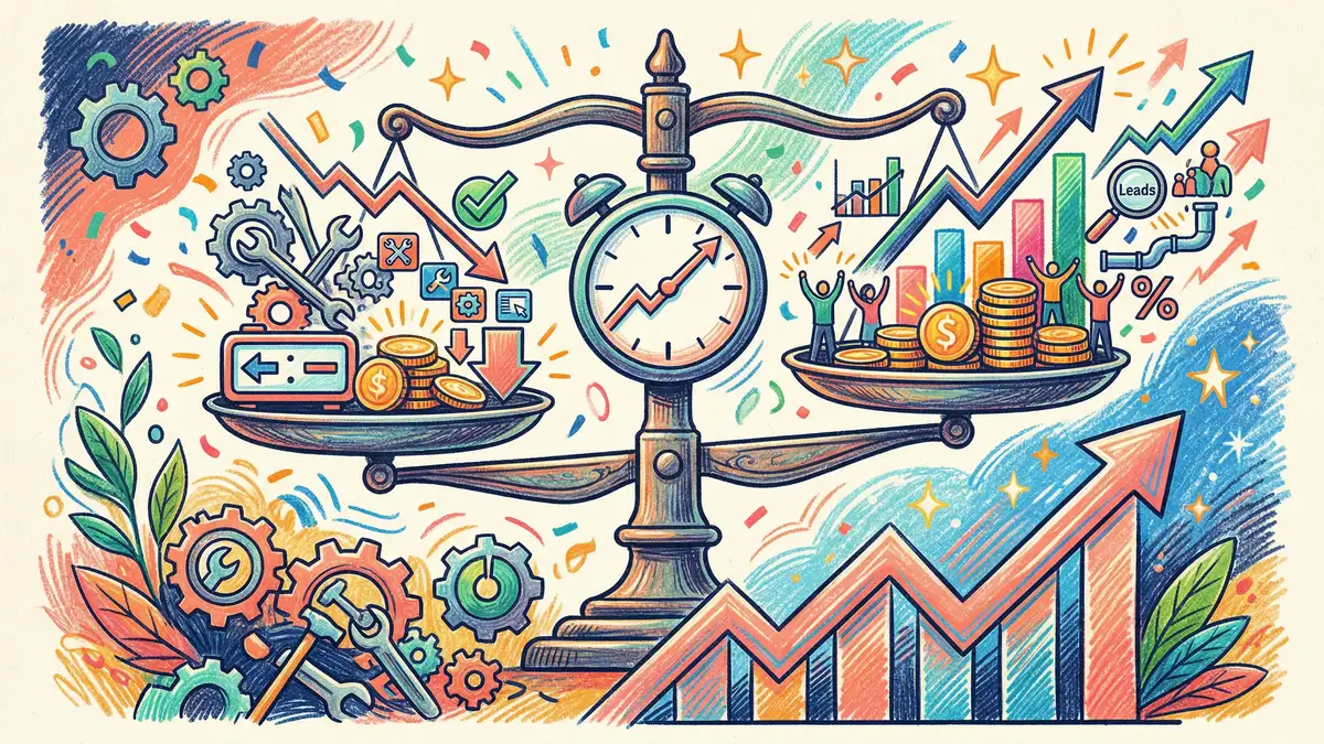 AI marketing automation ROI calculator illustration showing cost savings balanced against revenue growth and time reclaimed
