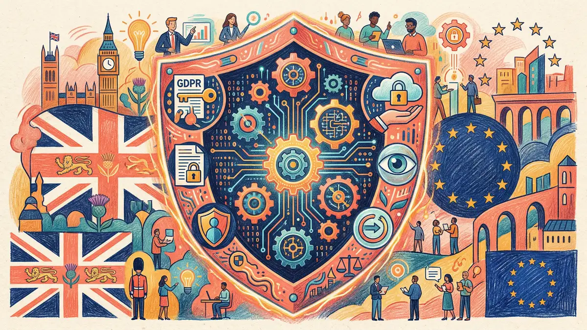 UK and EU regulatory compliance framework for AI marketing automation showing GDPR, DUAA, and EU AI Act requirements