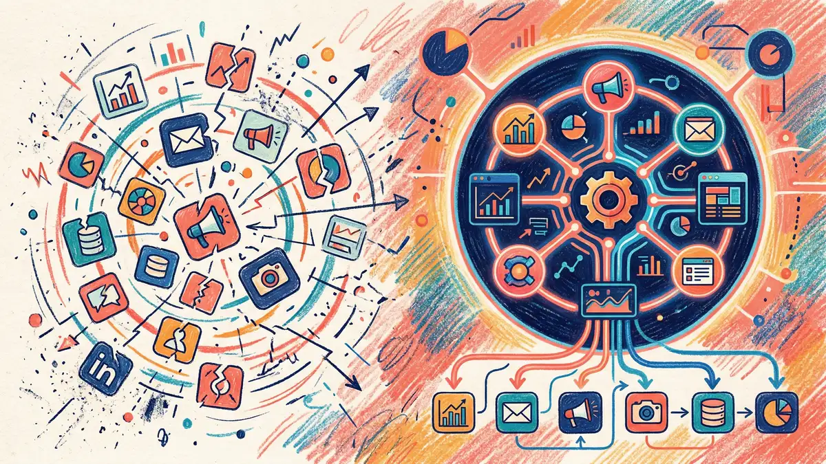 Marketing tool consolidation showing fragmented platforms being unified into a single AI-powered dashboard