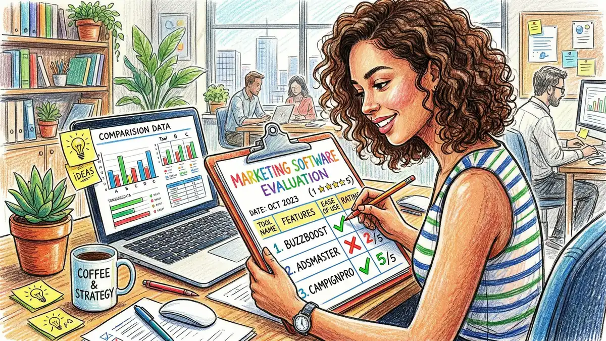 Marketing professional evaluating AI tools against a scoring checklist with comparison data on laptop screen