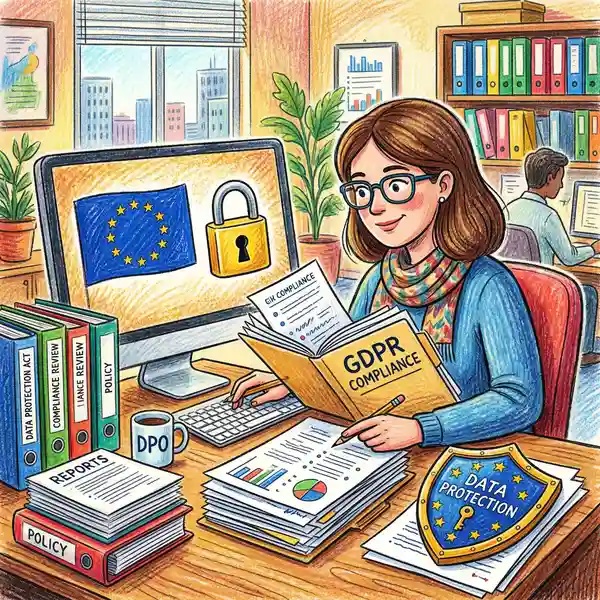 Data privacy officer reviewing GDPR compliance documentation with EU flag and data protection shield on screen
