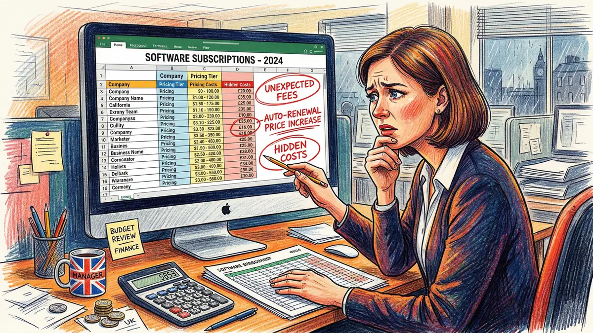 UK business finance manager reviewing AI software subscription pricing tiers and invoices with calculator and budget spreadsheet