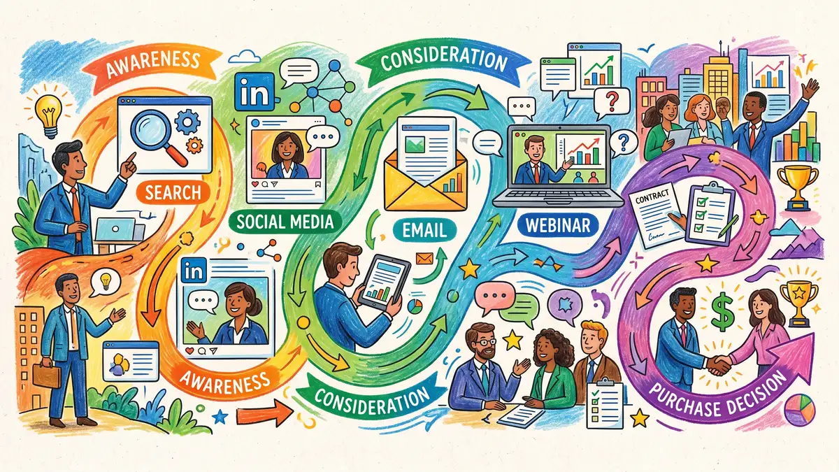 Marketing attribution models diagram showing how conversion credit flows across multiple touchpoints in a B2B buyer journey