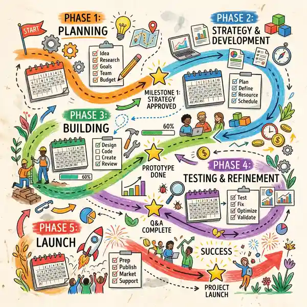 Step-by-step attribution implementation roadmap illustration showing phases from discovery through launch