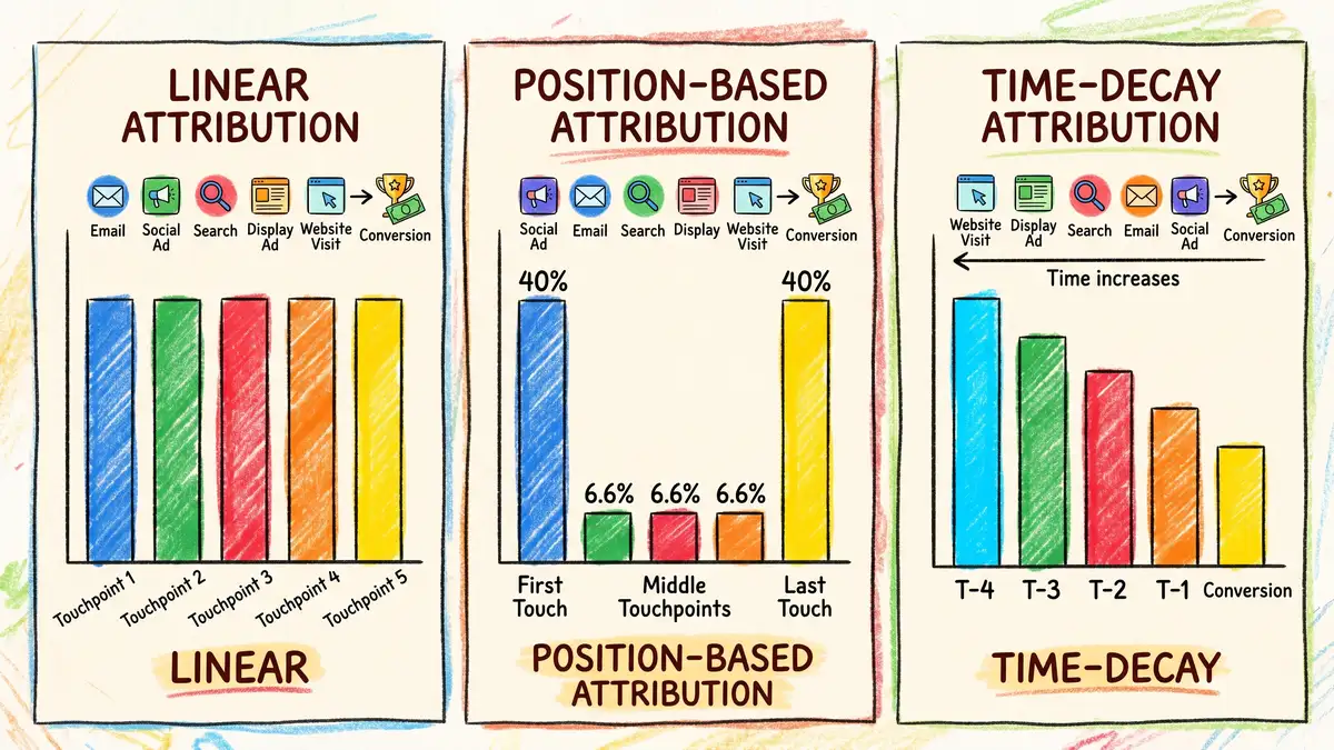 Comparison diagram showing how linear attribution distributes equal credit across all touchpoints versus weighted models