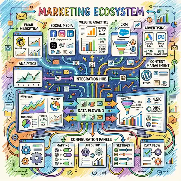 Pencil illustration of GA4 and HubSpot dashboards showing attribution model configuration screens