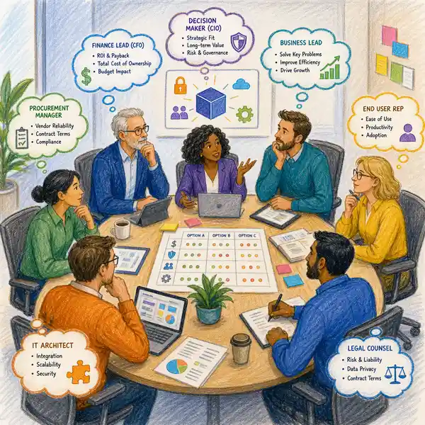 B2B buying committee of diverse professionals evaluating purchase decisions together