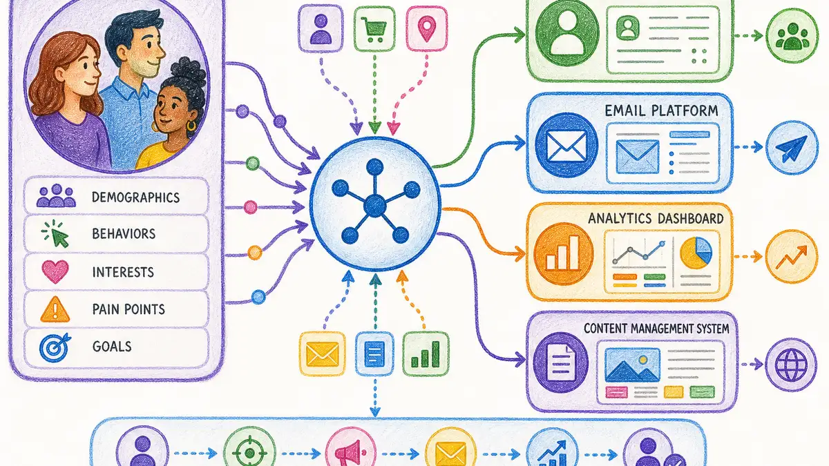 Marketing technology stack integration showing persona tools connecting with CRM and analytics platforms