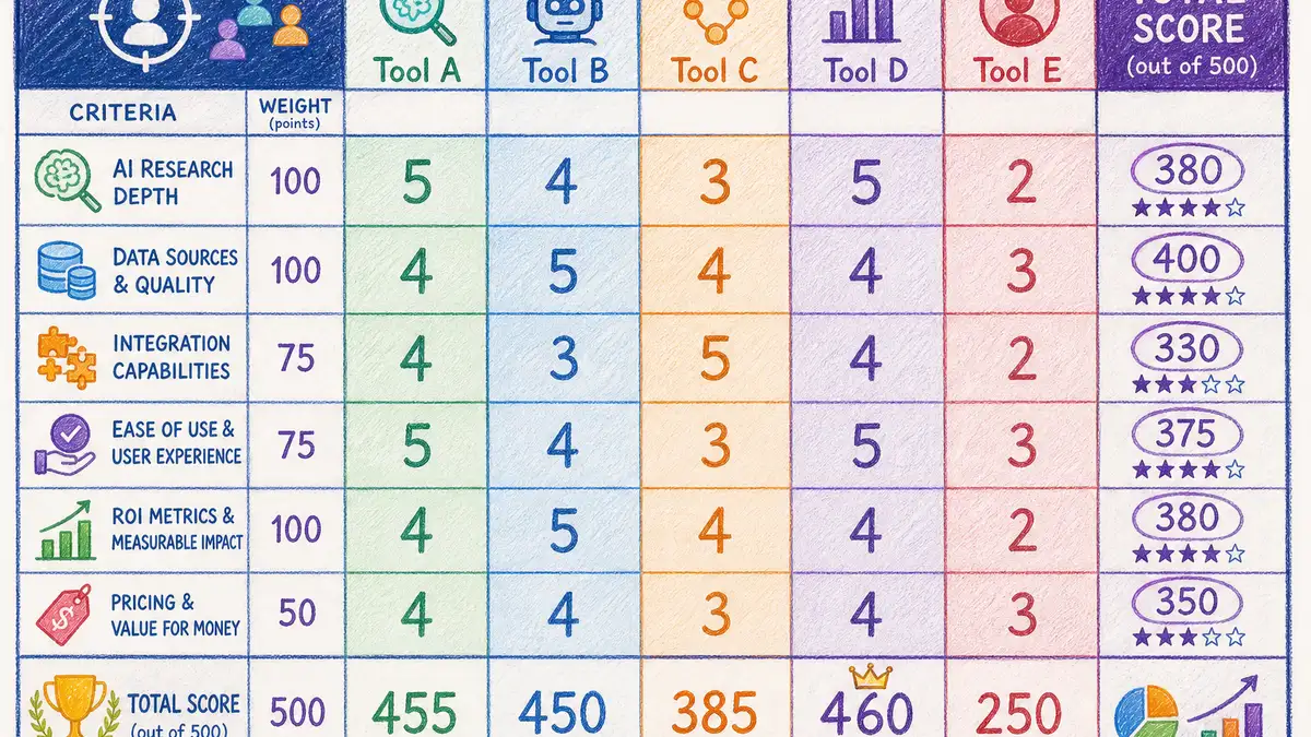 Buyer persona tool scoring matrix comparing 9 platforms across weighted evaluation criteria