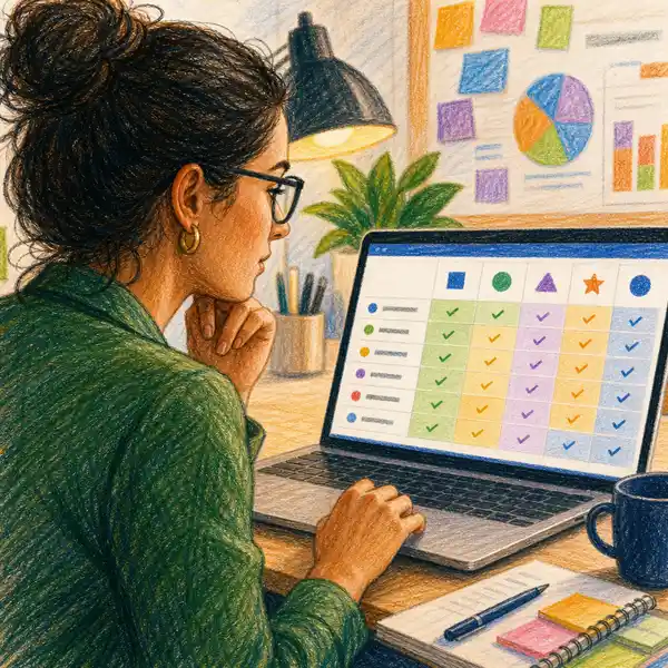Marketing operations manager evaluating platform options on a laptop screen showing comparison matrix with scoring criteria for CRM and automation platforms
