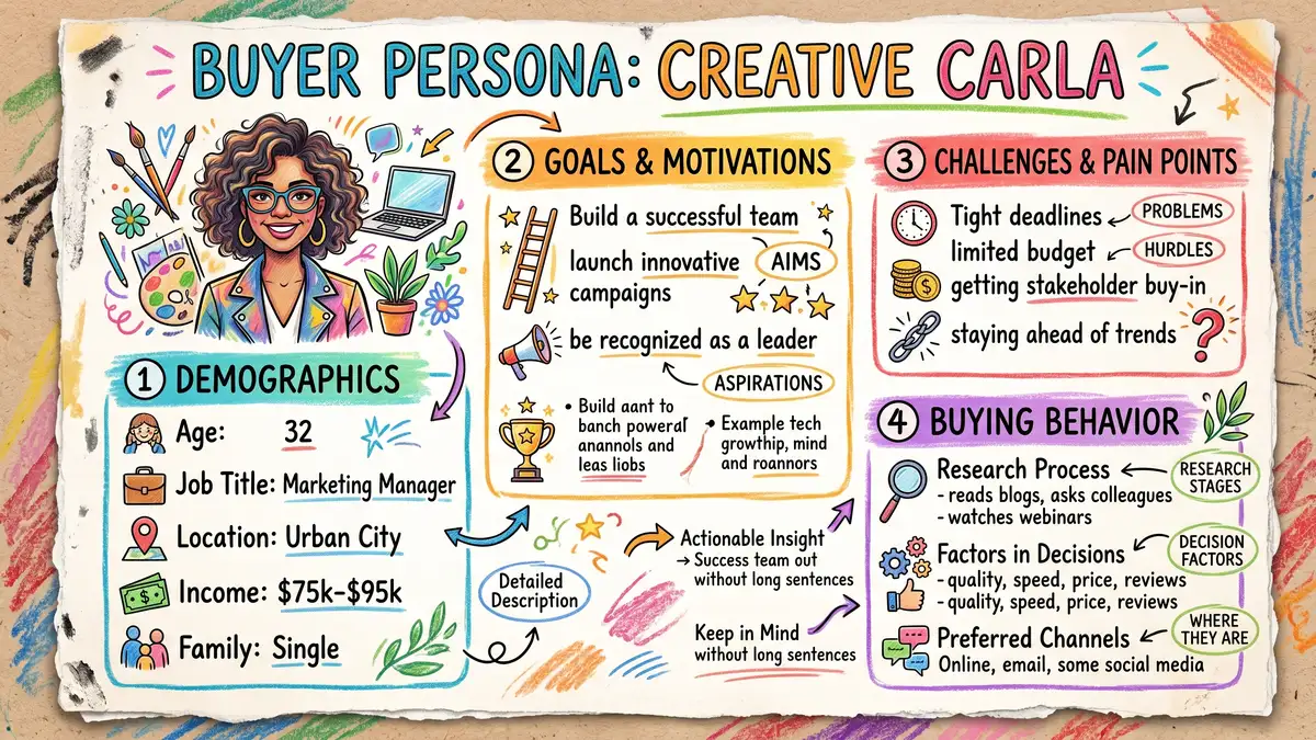 Buyer persona template showing sections for demographics goals challenges and buying behaviour with example data