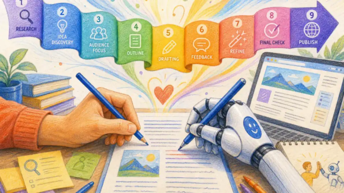 A human hand and an AI hand co-writing an article, a nine-step content pipeline flowing from research to published