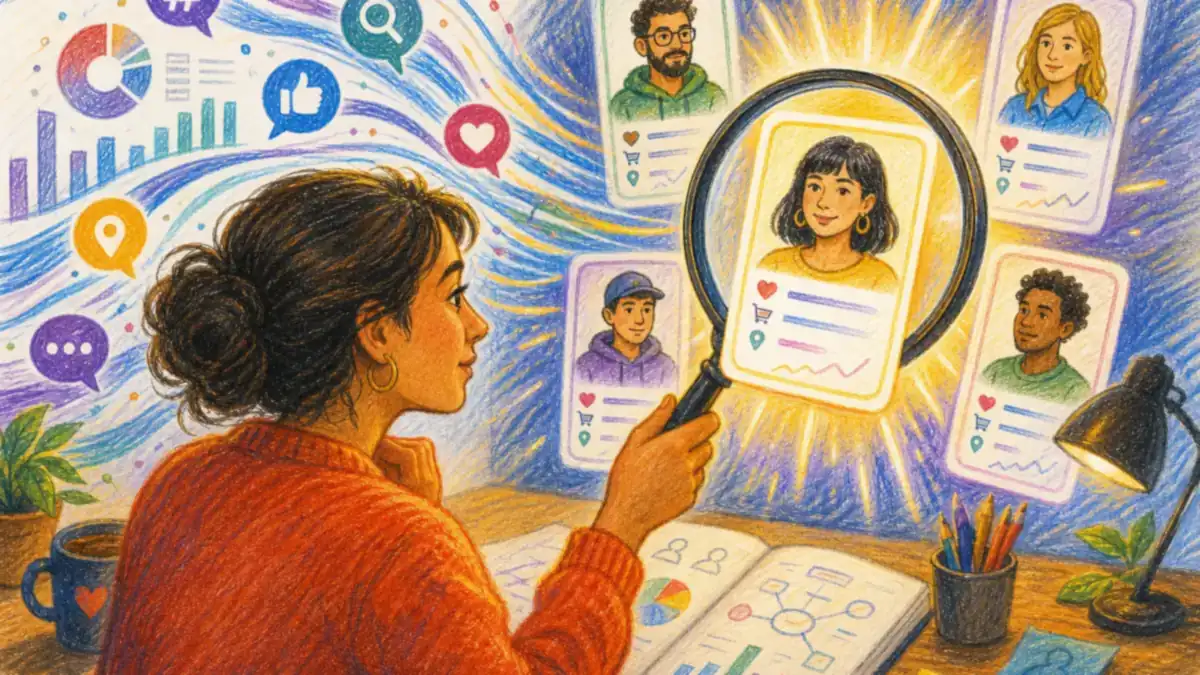 A marketer examining buyer-persona cards and research signals through a magnifying lens, the Scan stage