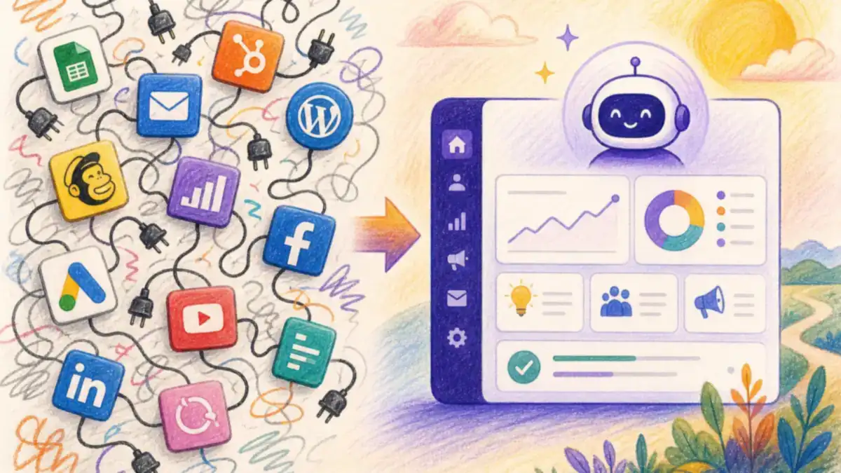 A tangle of disconnected marketing tools on one side and a single unified co-pilot platform on the other