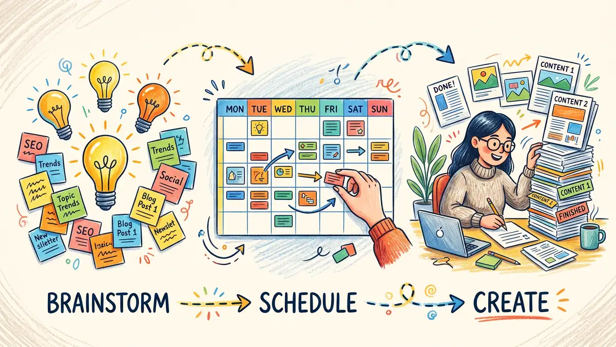 Content batching workflow illustration showing three phases: brainstorm topics, schedule creation order, then create all assets in focused sessions for maximum efficiency