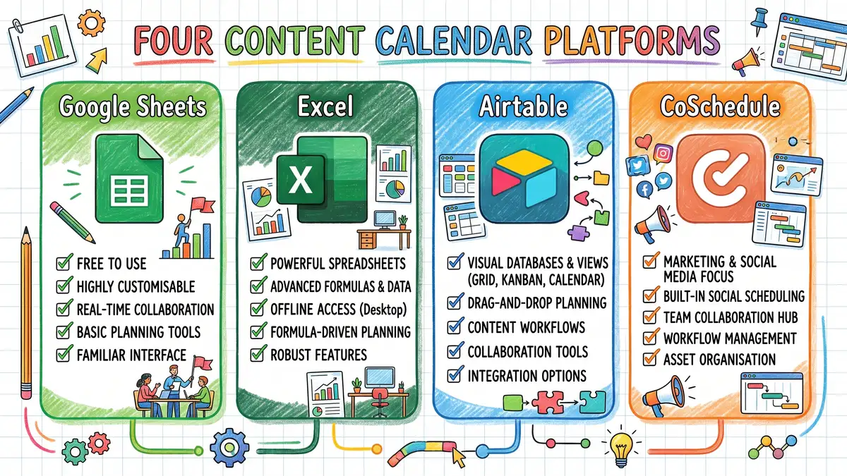 Four content calendar platform options compared side by side: Google Sheets, Excel, Airtable, and CoSchedule, each showing key features and use cases for B2B marketing teams