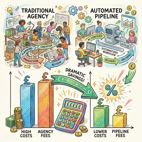 Financial chart comparing traditional agency content costs versus automated pipeline savings with pounds sterling figures