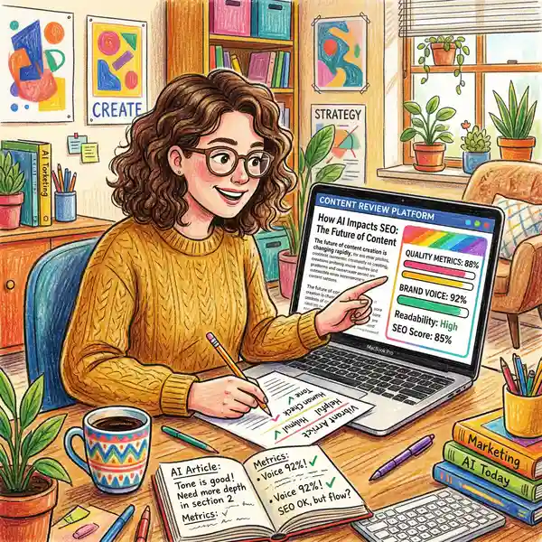 Content marketer reviewing AI-generated article on laptop with quality metrics and brand voice score visible on screen