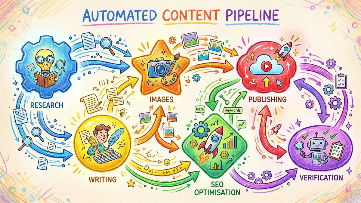 Six-stage automated content pipeline showing research, writing, image generation, SEO optimisation, publishing, and verification as connected stages