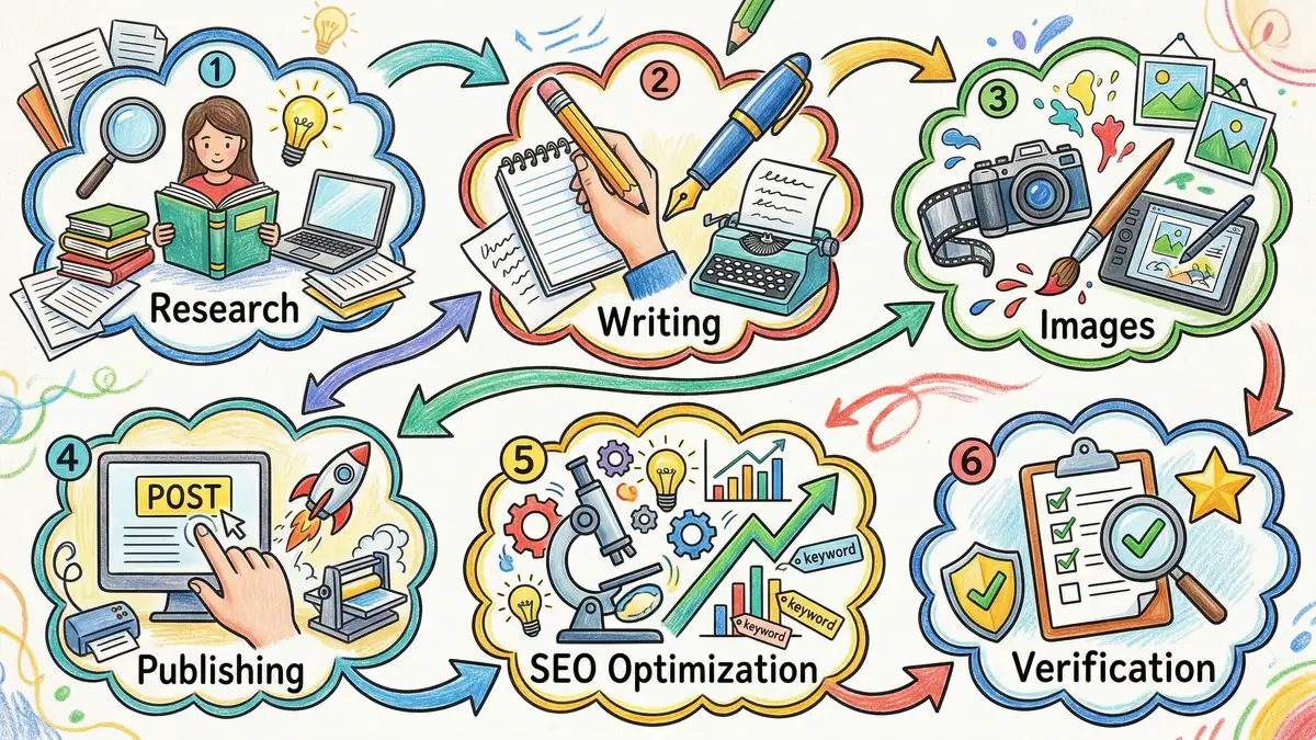 Six-stage content pipeline diagram showing research, writing, images, publishing, SEO, and verification stages connected by flowing arrows