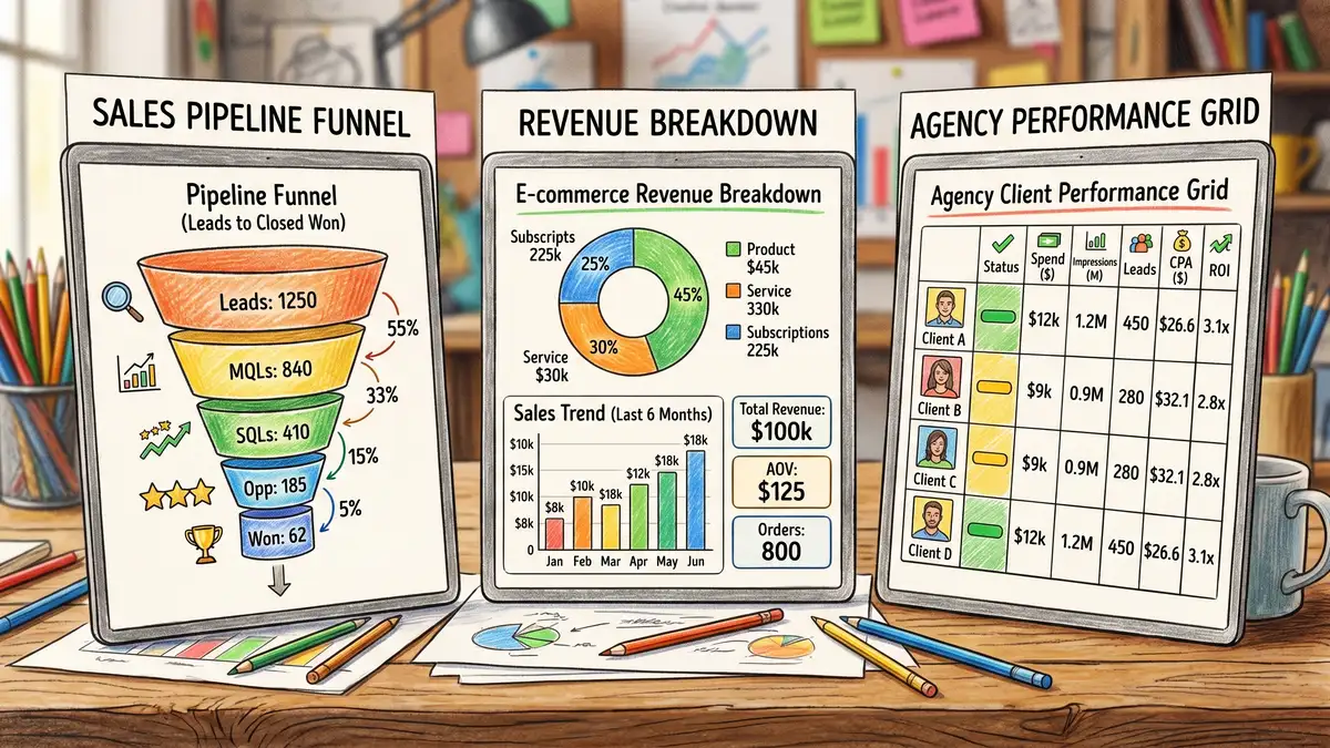 Three marketing dashboard screens showing pipeline funnel, e-commerce revenue breakdown, and agency client performance grid