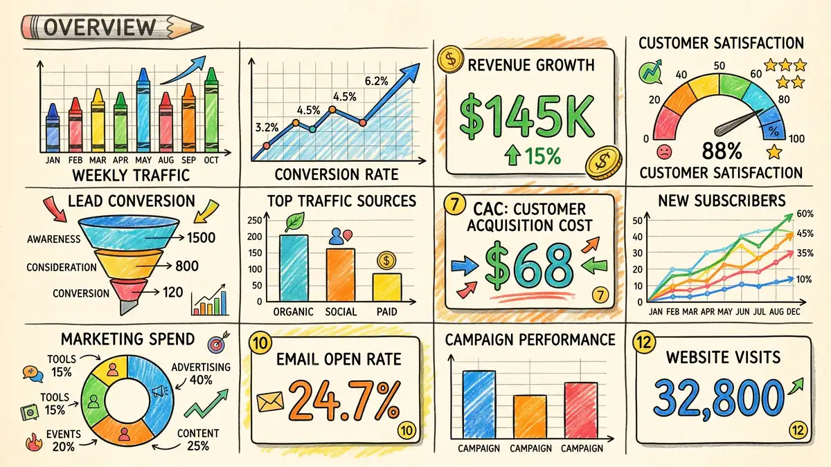 Marketing KPI dashboard showing bar charts, line graphs, and percentage gauges tracking customer acquisition cost and conversion rates