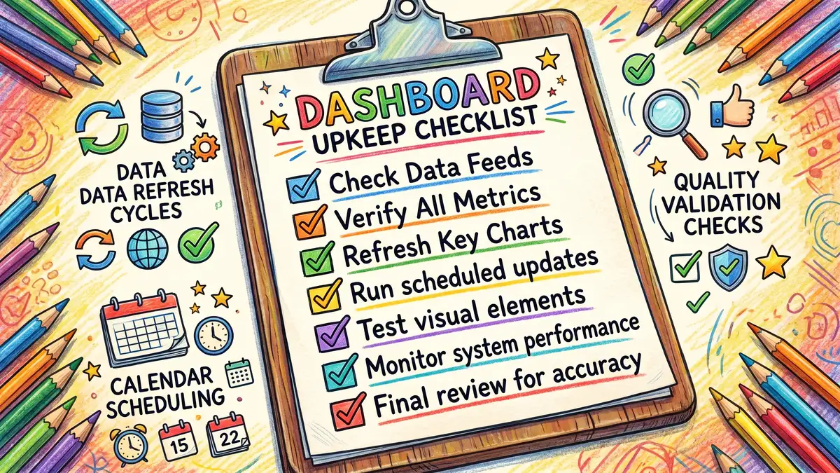 Dashboard maintenance checklist with checkmarks next to data refresh, scheduling, and quality validation tasks
