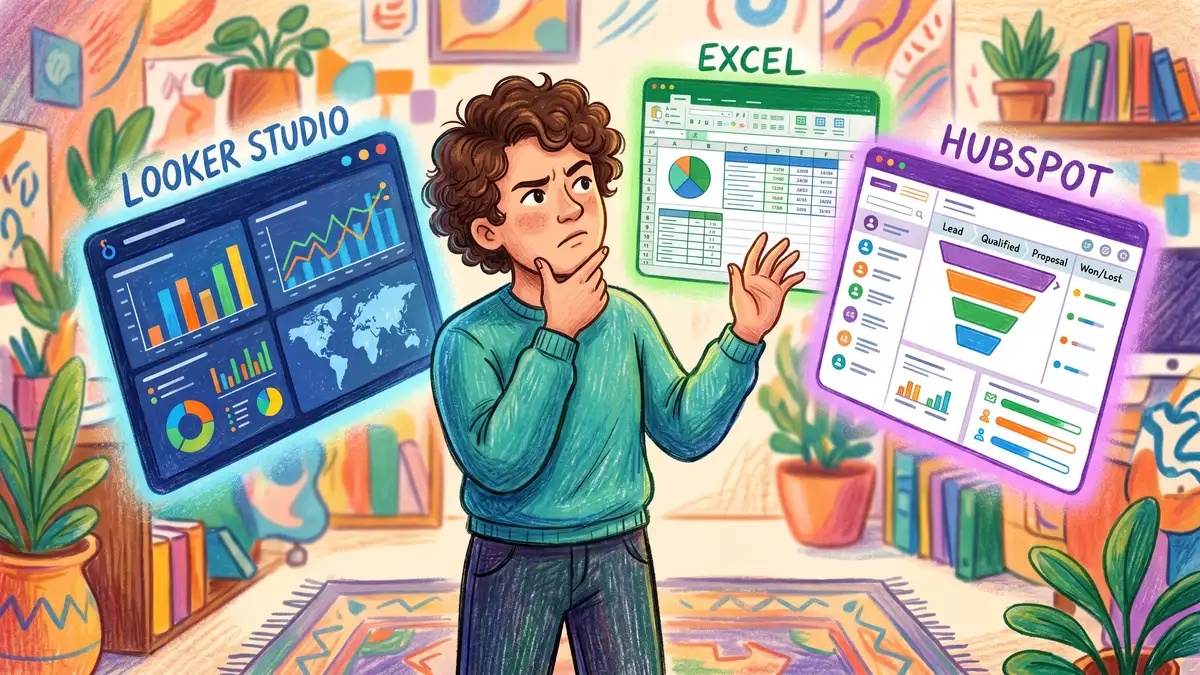 Person choosing between Looker Studio, Excel, and HubSpot dashboard platforms displayed as floating cards