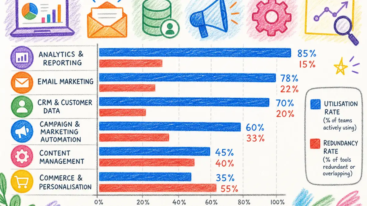 Data visualisation comparing MarTech tool category utilisation rates and redundancy percentages across UK B2B organisations