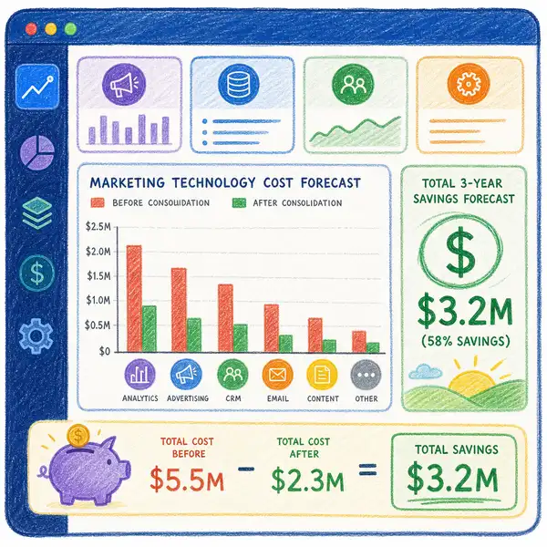 Marketing finance dashboard showing MarTech stack consolidation savings forecast and payback timeline