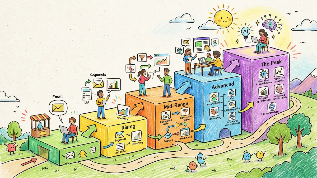 Illustration of HubSpot marketing automation pricing tiers showing ascending platforms from free to enterprise with increasing feature complexity