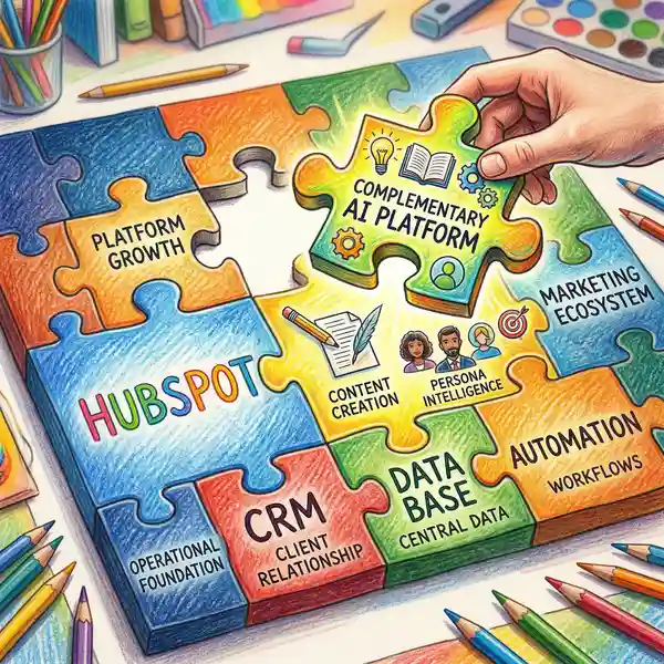 Illustration of HubSpot platform gaps being filled by complementary AI tools for content creation and persona intelligence