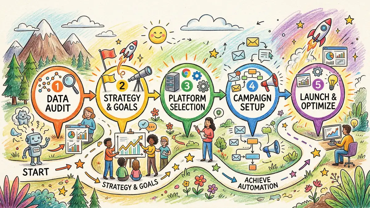 Illustration of a five-step HubSpot marketing automation implementation roadmap showing sequential phases from data audit to integration