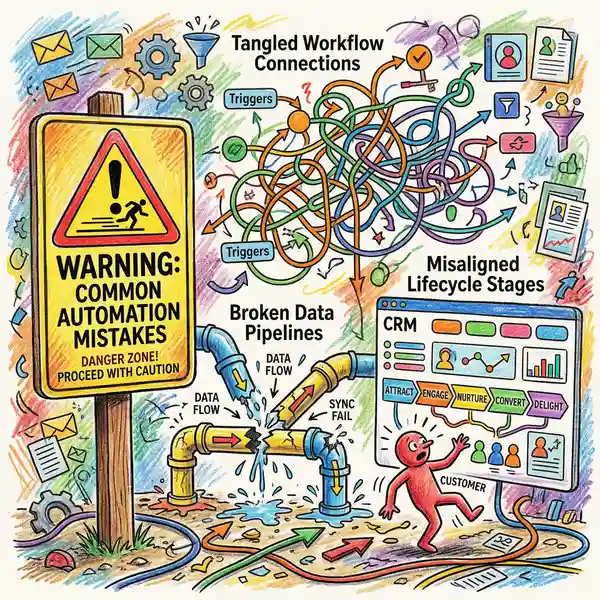 Illustration of common HubSpot marketing automation setup mistakes showing tangled workflow connections and broken data pipelines