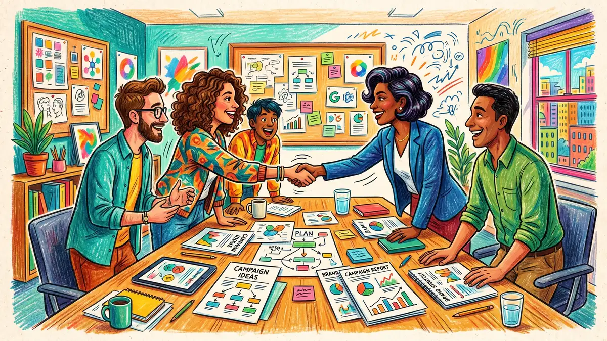 Agency team and client shaking hands across a meeting table covered with marketing proposals and campaign reports