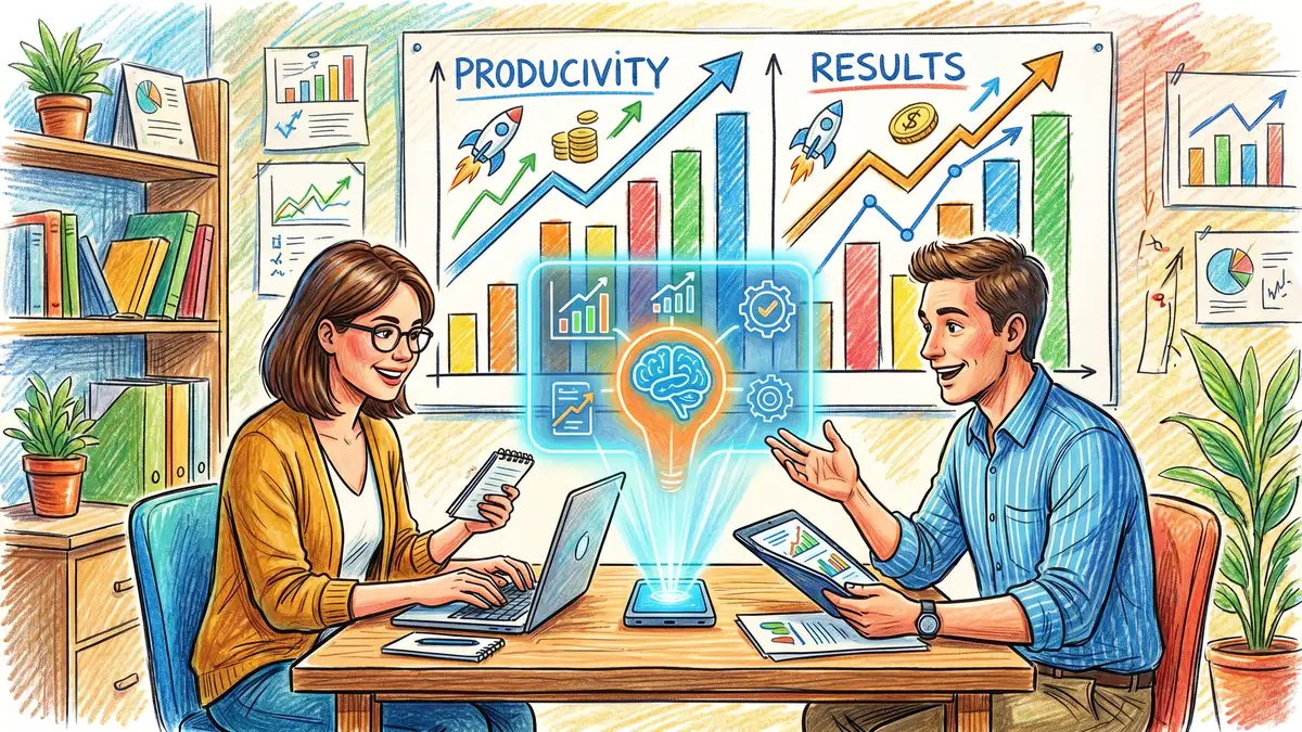 Small marketing team of two people working alongside an AI assistant hologram with rising productivity charts