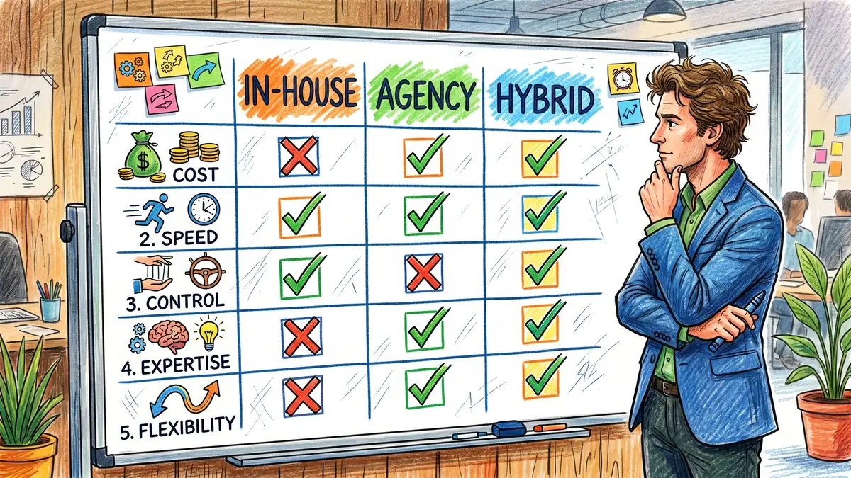 Businessperson studying a whiteboard decision matrix comparing in-house, agency, and hybrid marketing models with checkmarks