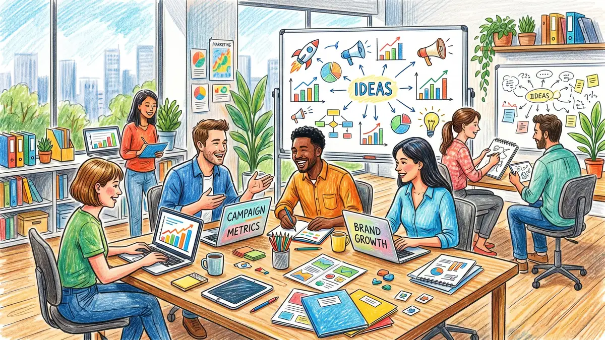 In-house marketing team collaborating around desks with laptops, whiteboards, and campaign materials in a modern office