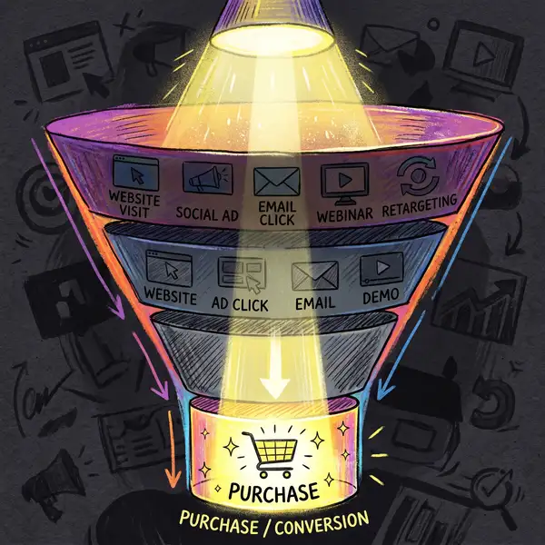 Illustration of last-touch attribution showing credit assigned only to the final touchpoint while earlier touchpoints receive nothing