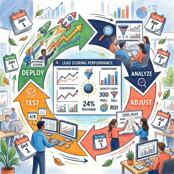 Pencil crayon illustration of a quarterly review cycle with data charts showing lead scoring model calibration