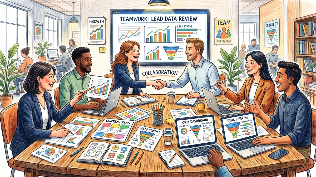 Pencil crayon illustration of sales and marketing teams collaborating around shared lead data and CRM dashboards