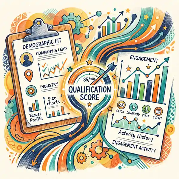 Pencil crayon illustration showing two scoring dimensions merging into a unified lead qualification framework