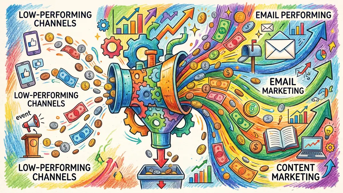 Marketing budget reallocation workflow showing how ROI data from different channels feeds into a budget optimisation framework with diminishing returns curves