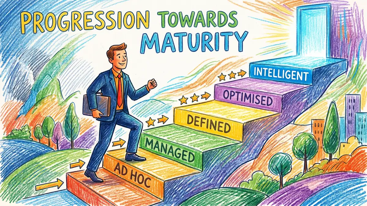 Business person climbing steps labelled with maturity levels from ad hoc through managed optimised to intelligent