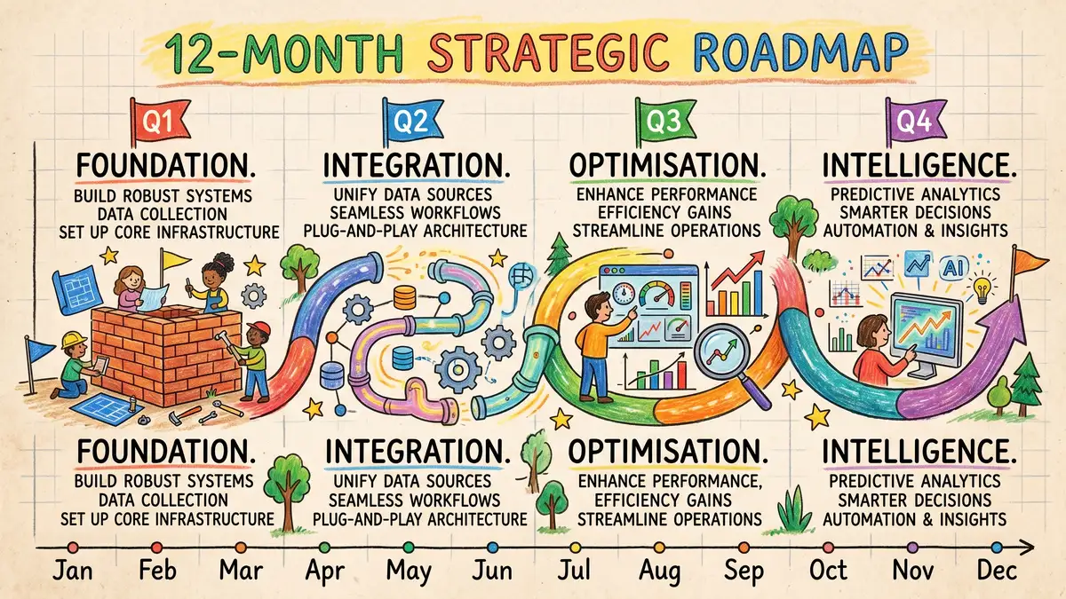 12-month marketing operations roadmap timeline with four quarterly milestones showing foundation, integration, optimisation, and intelligence phases