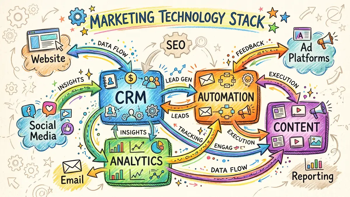 Marketing technology stack diagram showing interconnected tools with data flowing between CRM, automation, analytics, and content platforms